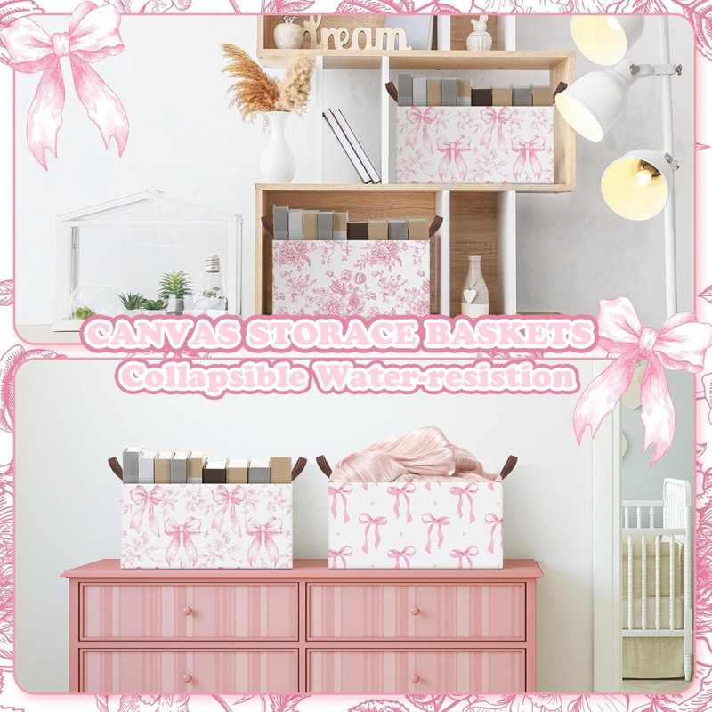 3 Pcs  Bow Storage Bin Coquette Collapsible  Storage Baskets For Gifts Empty Candy Holiday Decor Canvas Laundry Basket Foldable Box With Handle For Office Home Bedroom Clothes