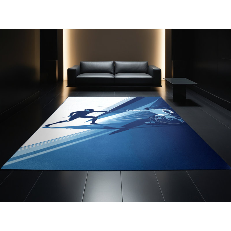 Tapis bleu clair et bleu marine délavé à la machine Auburndale, 6 X 9