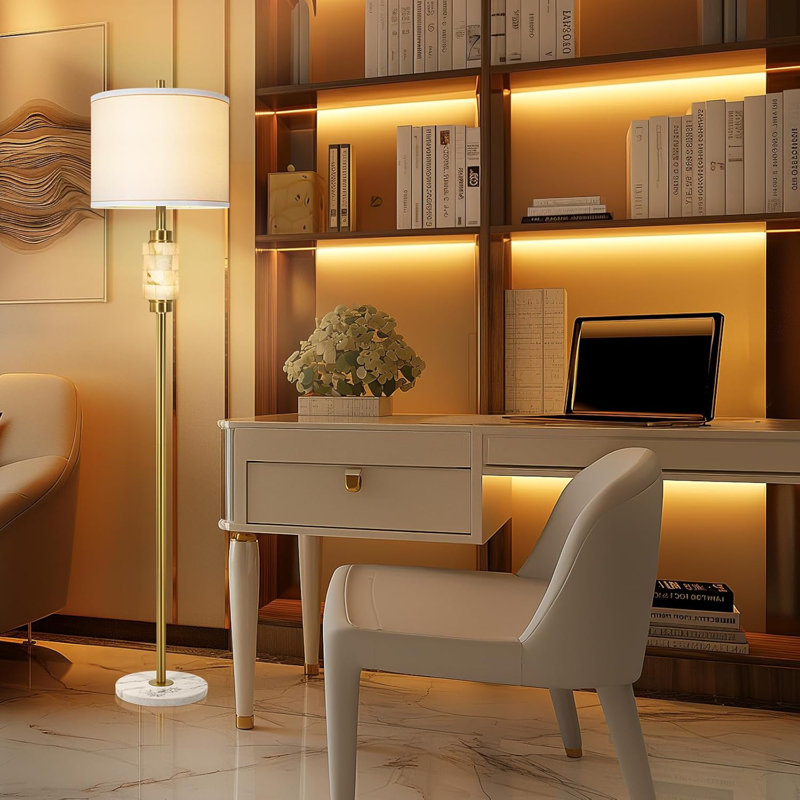 Lampe sur pied en albâtre naturel de 62 po avec base en marbre et abat-jour en lin blanc, finition dorée chaleureuse, veilleuse, interrupteur rotatif à 4 voies, ampoules incluses pour le salon, la chambre à coucher et le bureau