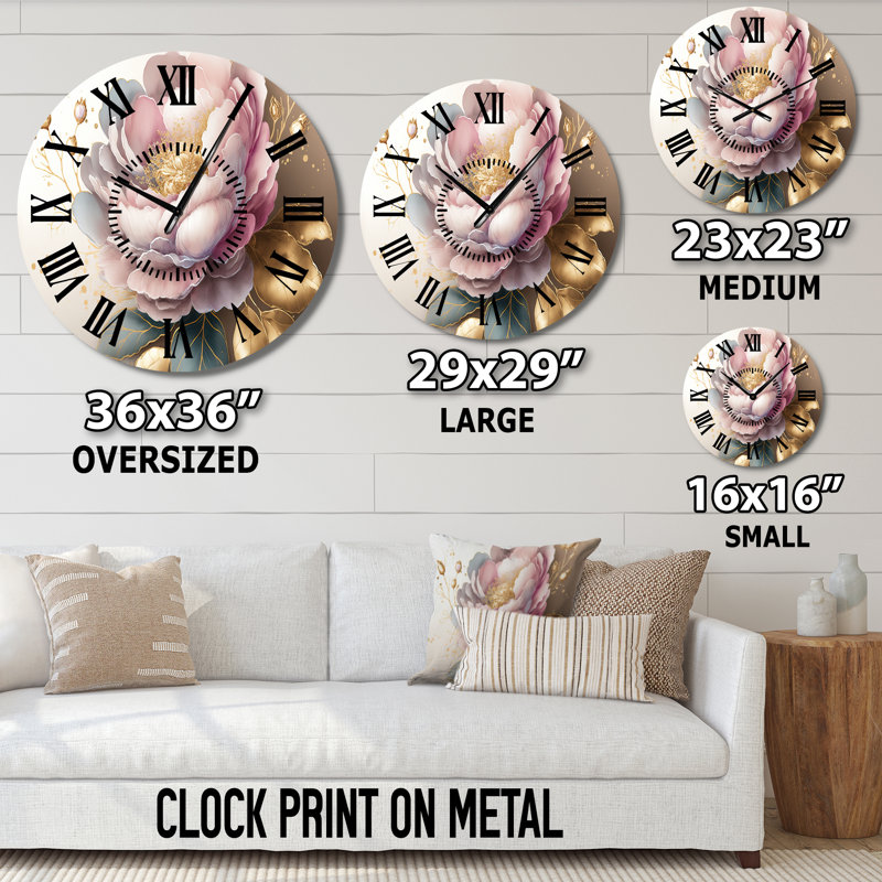 Horloge murale rose et dorée Camellia II, Médium