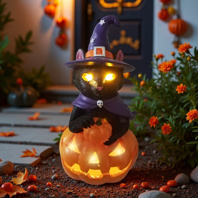 Halloween Decorations Solar Spooky Garden Lights Outdoor Black Cat Pumpkin Figurine Light Resin Witch Statue Led Home Decor For Outside Patio Front Porch Yard, Harvest Housewarming Gifts For Halloween, Christmas, All Year Round