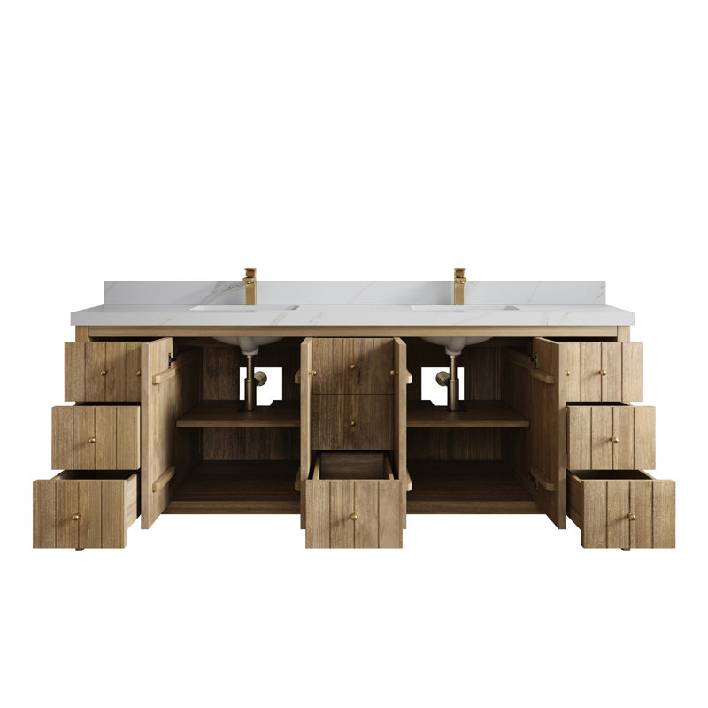 Teck d'Atlanta 84 po X P 22 po D Meuble-lavabo double en gris clair délavé avec 2 po Quartz Venatino, Sienne Calacatta