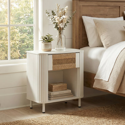 Cord End Table with Storage Drawer and Open Shelf Nightstand for Living Room, Bedroom