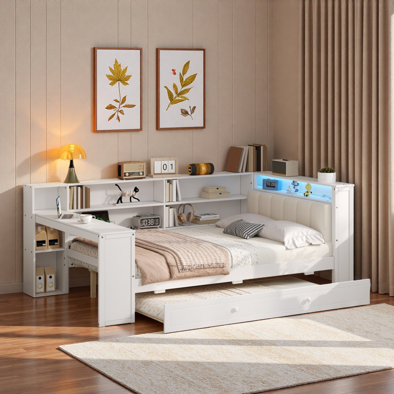 Wood Platform Bed With Storage Shelves, Trundle, Charging Station, Led, Desk And Upholstered Headboard, Beige