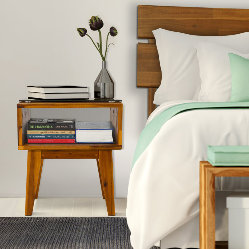 Acacia Serena Solid Wood Nightstand, Mid Century Modern Side Table Bedroom with Storage, Caramel