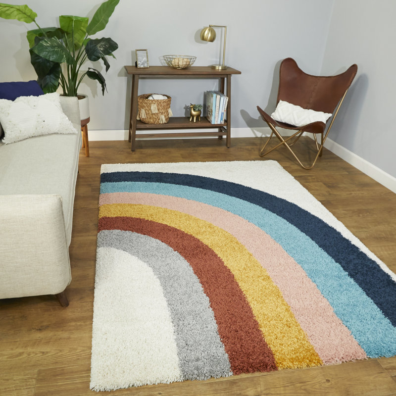Olanda Rainbow Shag Area Rug, Cream Rainbow, Rectangle 5'3" x 7'