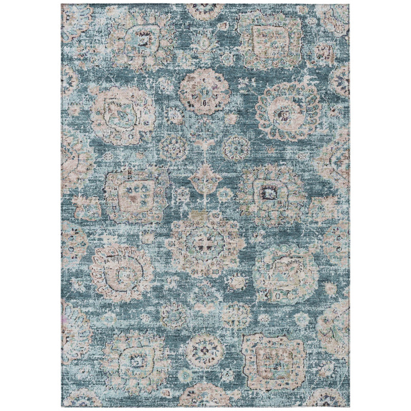Tapis intérieur / extérieur lavable floral bleu sarcelle et bleu ciel 10 pi x 14 pi HomeRoots