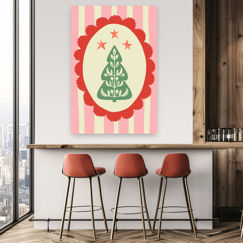 Festive Folk Christmas Tree Minimalist Whimsical Abstract Christmas Tree Winter Landscape Wall Art Print by Annick - Wrapped Canvas Print