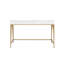 Bureau rectangulaire moderne blanc laqué brillant avec pieds en métal doré et 2 tiroirs de rangement pour un espace de travail pratique.