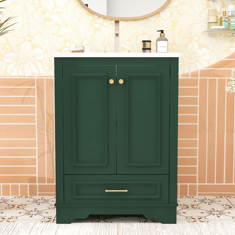 Drawer Bathroom Vanity with Ceramic Sink, Adjustable Shelves and Soft-Close Doors Cabinet, Green, Gold