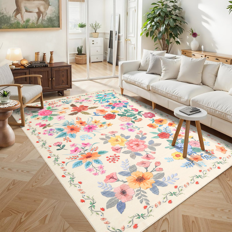 Machine Washable Area Rug for Living Room - Vintage Aesthetic, Non-Slip, mark Resistant, Low-Pile, Soft & Non-Shedding Carpet for Dining Room or Bedroom Décor