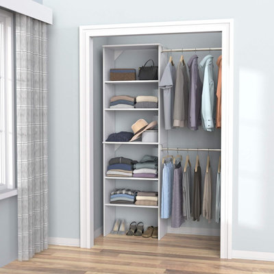 Wood Closet Organizer Starter Kit – Pure White – Adjustable System With Tower, 3 Hanging Rods & Shelves, Fits Various Closet Spaces