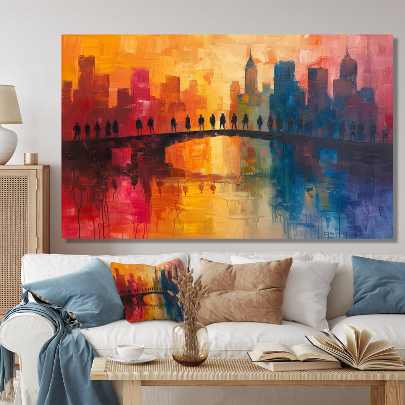 «Red Blue City City Skyscrapers - Bridges», reproduction d'art murale, Toile tendue, H 40 po x l 60 po