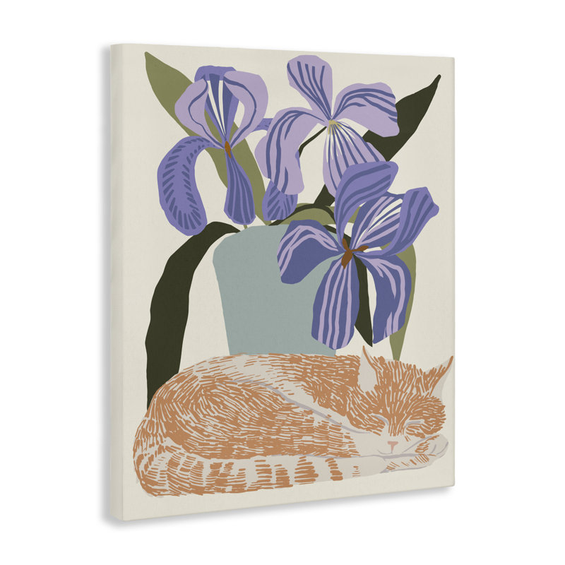 Toile moderne Modern Cat & Iris Plant, design par Hannah Beisang, H 20 po x l 16 po