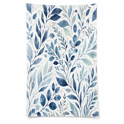 1Pcs Botanical Leaf Beach Towel, featuring blue and green watercolor leaves on a white background, with artistic branch accents. Large microfiber, ideal for, travel, camping, unisex.