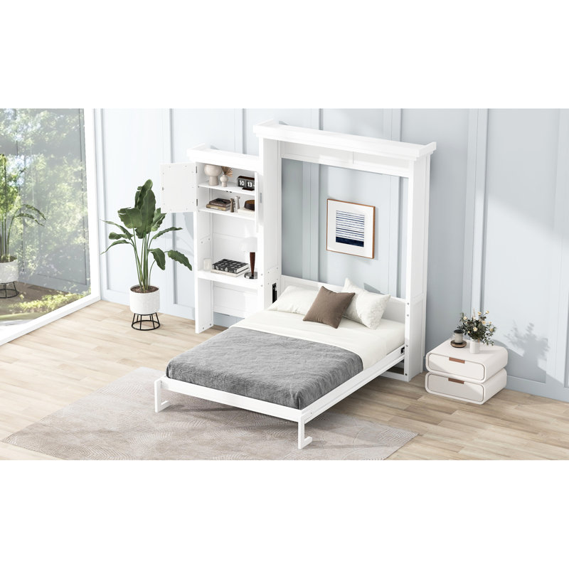 Grand lit, tablettes à persiennes blanches, conception durable en pin et peu encombrant