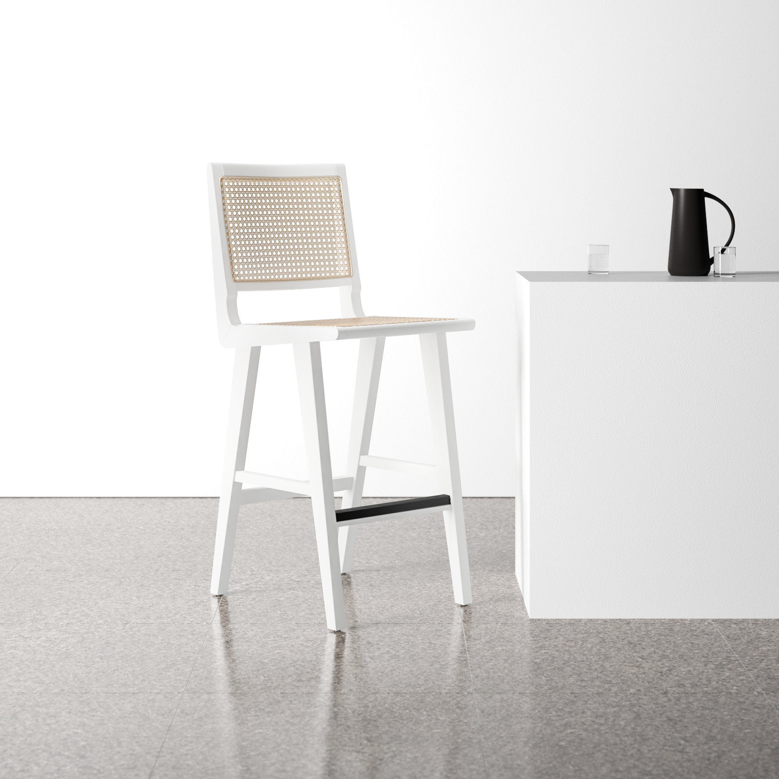 Atticus Cane Bar & Counter Stool, White, Bar Stool (29.5" Seat Height)