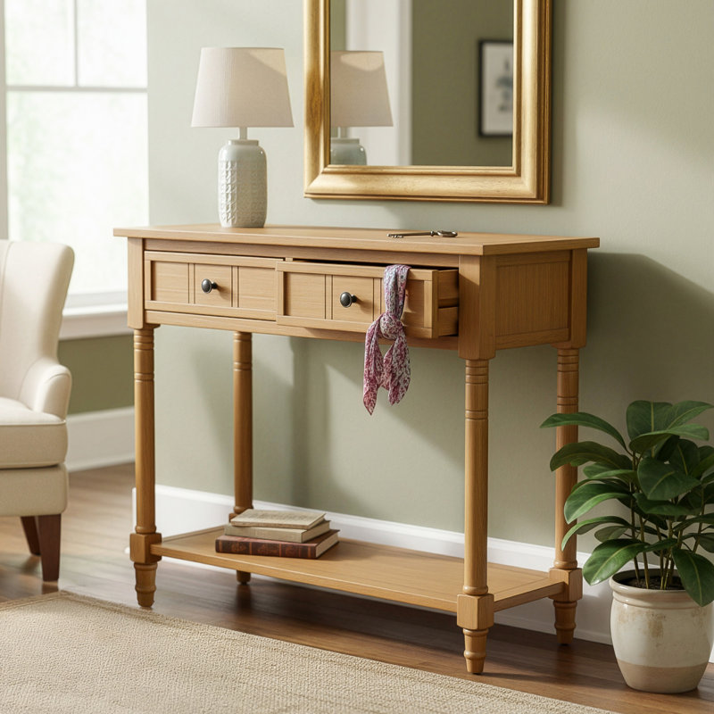 Console Daisy Series avec deux tiroirs et une tablette inférieure pour un rangement et une présentation améliorés, Naturel