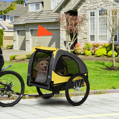 Medium Dog Pet Bike Trailer - Steel Construction. Zippered Entrance, Flag Included. Yellow Wagon For Excursions Trailer, Construction, Spacious Cabin