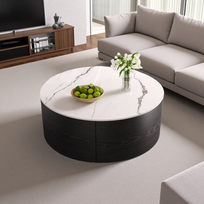 29.5" Modern Round Movable Coffee Table With Casters, 2 Drawers And Marble Pattern Sintered Stone Top