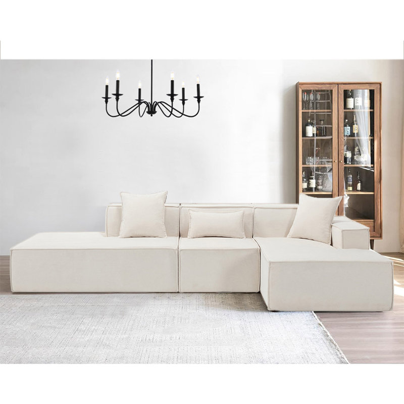 Modern Modular Boneless Sectional Sofa, Italian Minimalist Tofu Block, Large Sectional Couch for Living Room, Beige Polyester