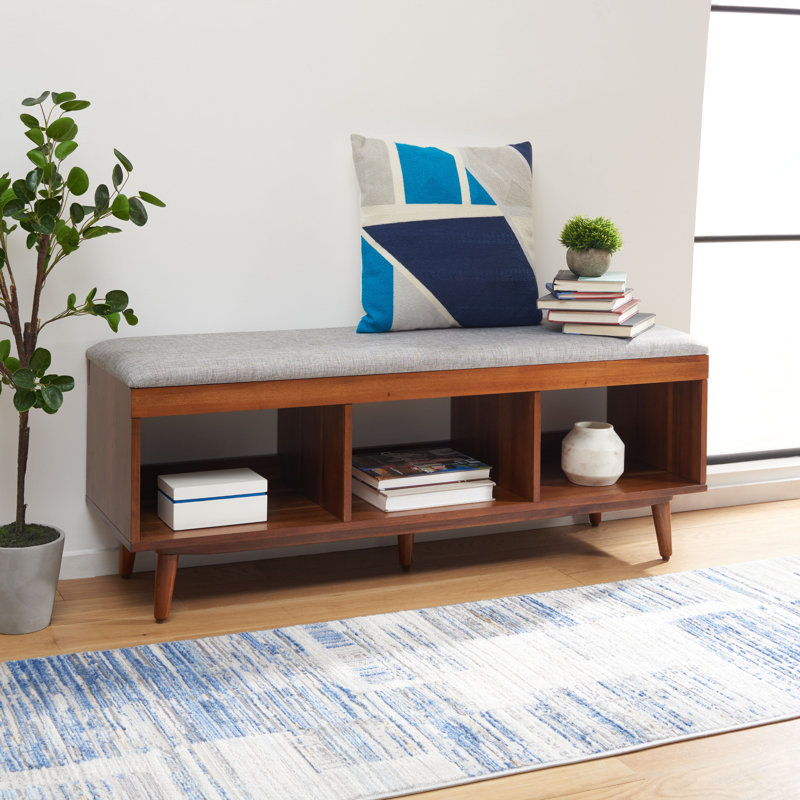 Hungate Linen Upholstered Storage Bench, Gray/Natural Acacia