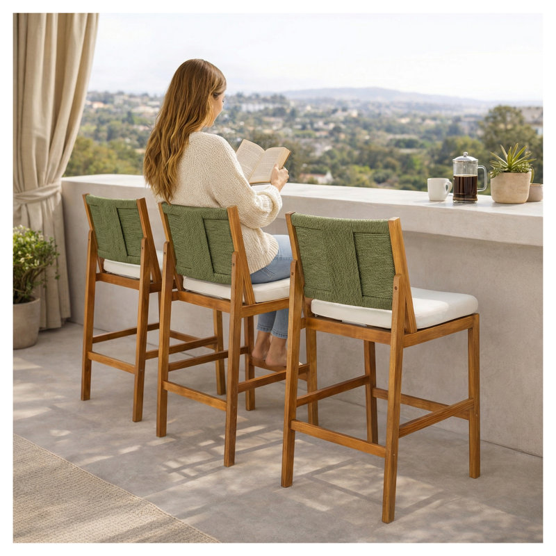 Ensemble de tabourets de bar d'extérieur 4 pièces avec coussins, bois d'acacia massif et osier Arly