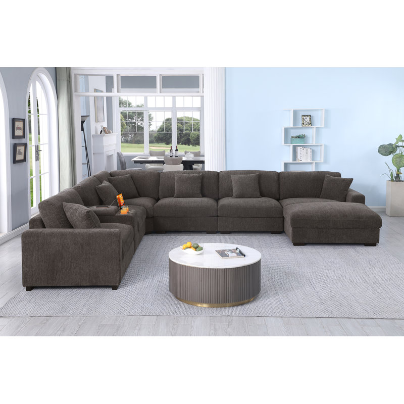 8-piece Upholstered Corner Sectional Sofa, Console with Cup Holders & Storage & USB, Dark Gray Polyester