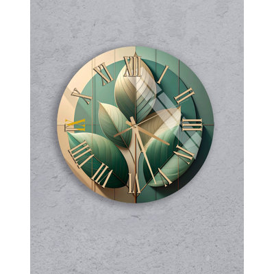 Tempered Glass Wall Clock, Large Botanical Leaf Art - Modern Roman Numeral Decor, Unique Green Nature Inspired Gift, Elegant Home Timepiece