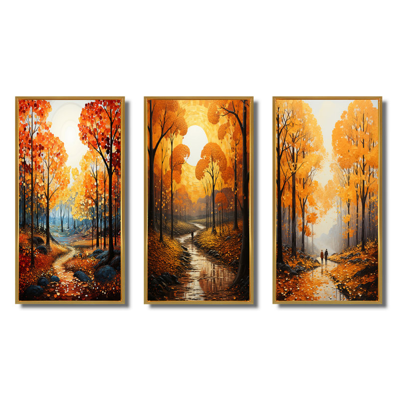 «Bold Yellow Forest Giants Pointillism», 3 pièces sur toile, H 40 po x l 60 po, Encadrement doré