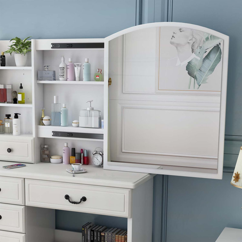 Élégant meuble-lavabo avec éclairage réglable et rangement spacieux, parfait pour le maquillage et l'organisation des essentiels de beauté