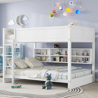 Queen Over Queen Bunk Bed With Built-In Storage Cabinets,Charging Station,Ladder,Safety Guardrails,Solid Pine Wood Bunk Bed,White
