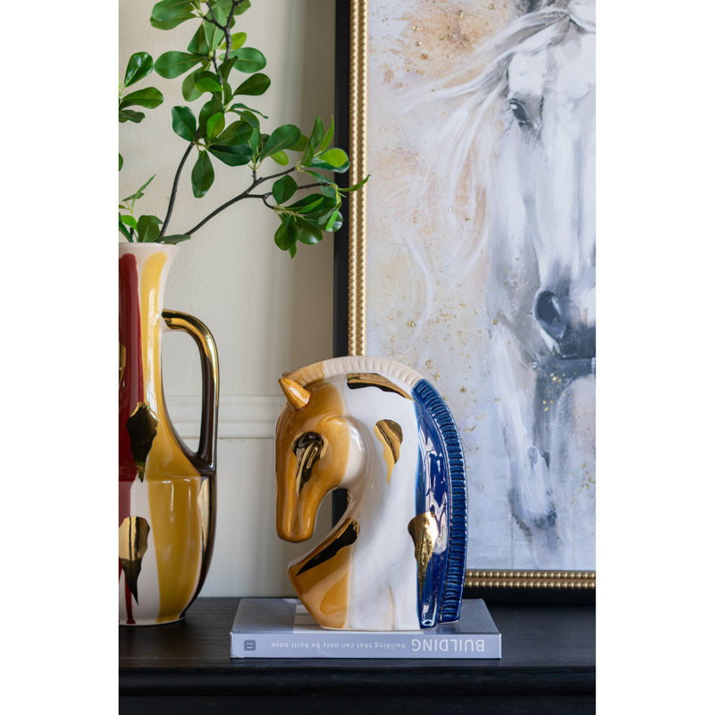 Sculpture tête de cheval en céramique 7,2 x 4,1 x 10,6 po avec finition multicolore abstraite