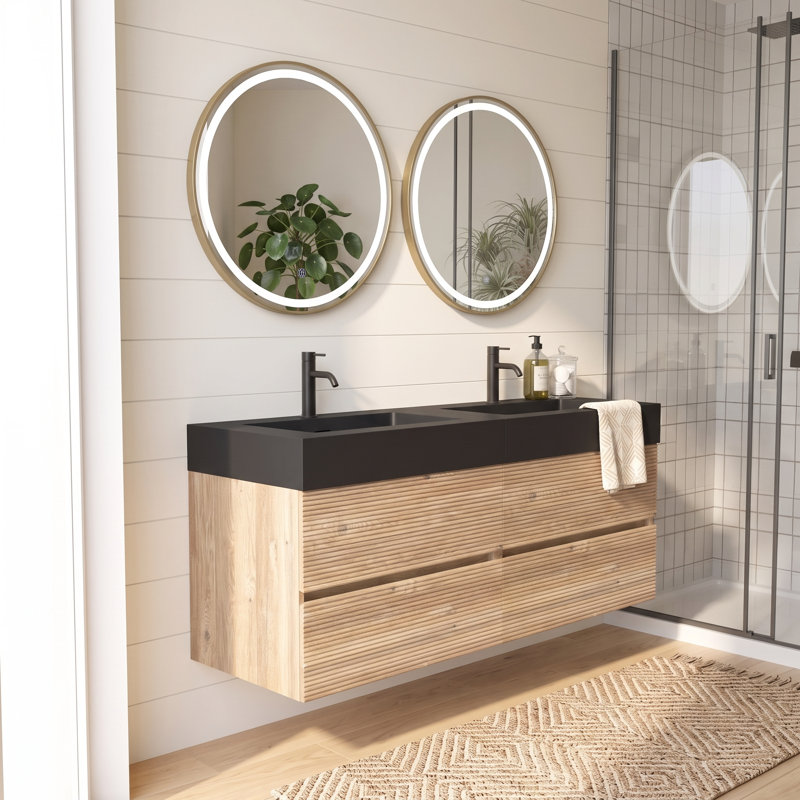 Meuble-lavabo mural moderne 48 po en chêne avec lavabo à surface solide noir mat d'ingénierie, tiroirs souples (24 po * 2)