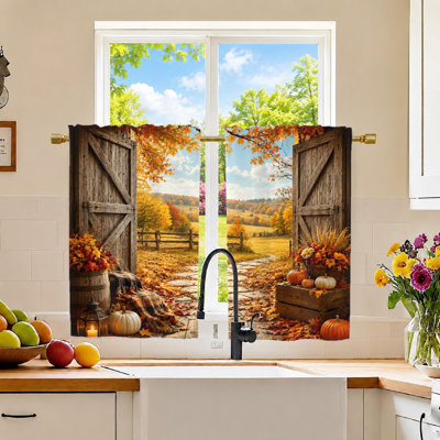 2Pcs Rustic Farmhouse Curtains, Autumn Harvest Scene with Pumpkins and Falling Leaves, Light Filtering Fabric for Living Room, Bedroom, Decor