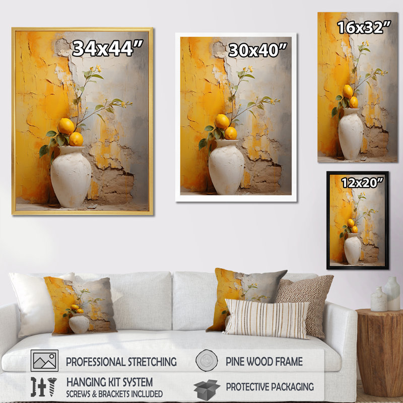 Minimalisme, poteries jaunes II sur toile, Cadre simple noir, H 32 po x l 24 po x P 1 po