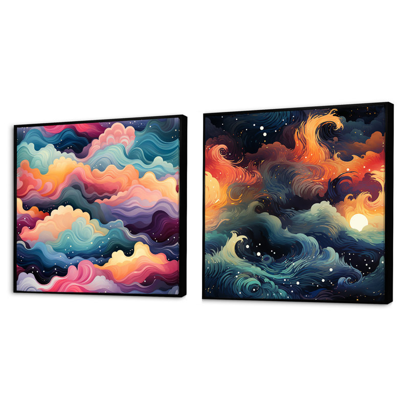Multicolor Mystical Journey - Ensemble de 2 collages carrés abstraits, Cadre flottant noir, H 30 po x l 61 po