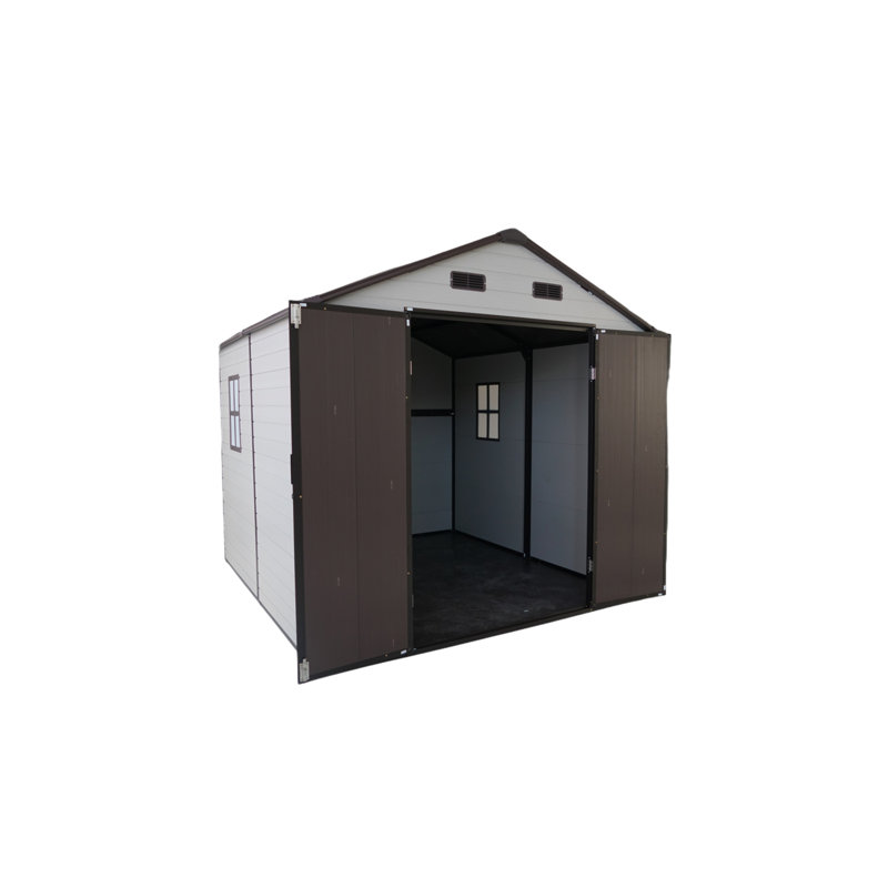 Remise de rangement extérieure en résine 8 x 8 x 7,6 pi avec fenêtres, structure et plancher en aluminium robuste pour le jardin et l'organisation de la cour (blanc et brun)