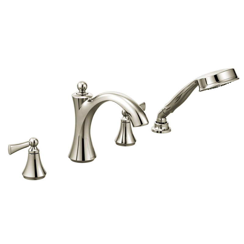 Wynford Double Handle Deck Mounted Roman Tub Faucet Trim with Diverter and Handshower, Polished Nickel