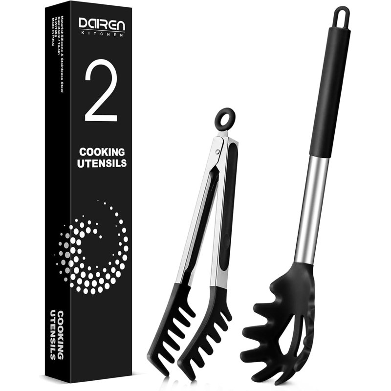 Cuillère à spaghetti et pince à pâtes, fourchette de service en silicone antiadhésive avec dents et poignée en acier inoxydable, pince à spaghetti