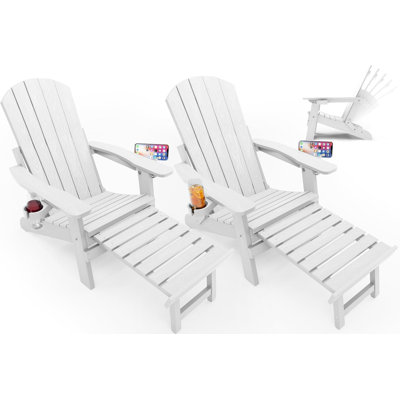 Folding Adirondack Chair Set of 2 Outdoor HIPS Adjustable Adirondack Chair with Footrest and 2 Cup Holder 5-Level Adjustable Patio Chair for Lawn, Poolside, Patio, White