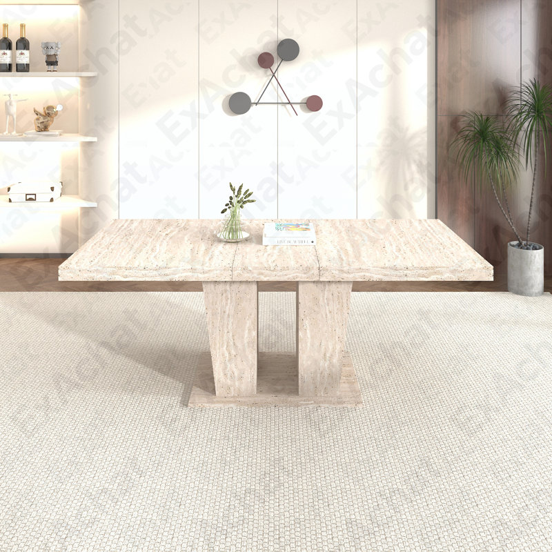 Table de salle à manger rectangulaire extensible, convenant pour 6 à 10 personnes, avec un motif de travertin veiné, dimensions 160 à 200 cm, simple et élégante.