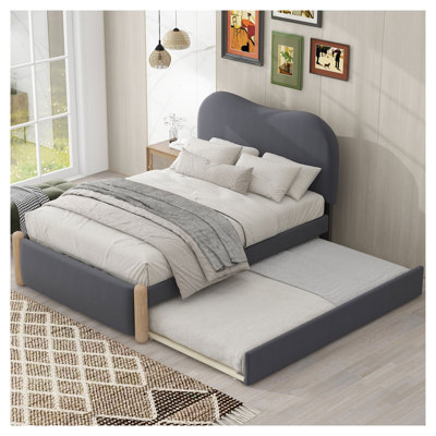 Lit plateforme tapissier gris simple avec lit gigogne, structure en bois massif et tête de lit pour chambre d'enfant