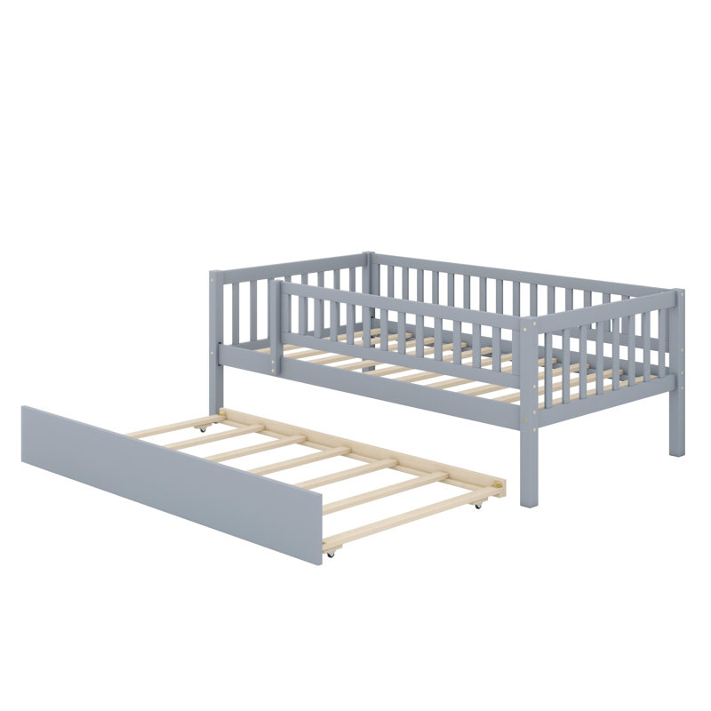 Wood Daybed With Trundle And Fence Guardrails, Gray