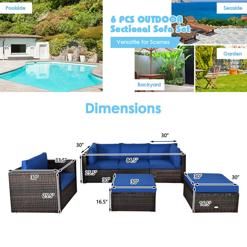6 - Person Patio Conversation Set with Cushions, Navy