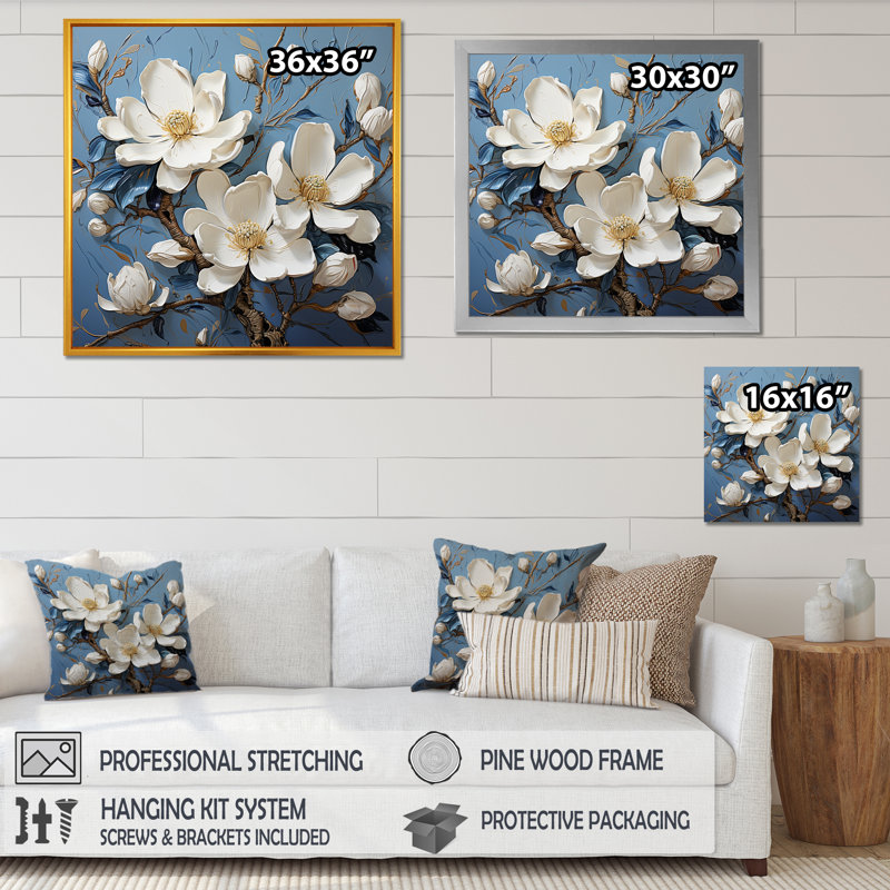 «Magnolia Blooming Elegant II» bleu et blanc sur toile, Cadre simple noir, H 36 po x l 36 po x P 1,5 po