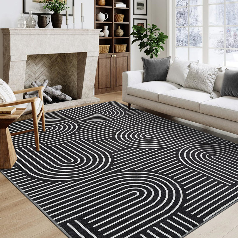 Striped Washable Area Rug, Black, Rectangle 200 x 290 cm