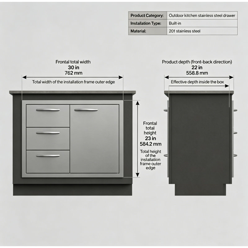 Armoire combinée à 3 tiroirs et grande porte pour barbecue pour l'extérieur de l'îlot de cuisine pour l'extérieur