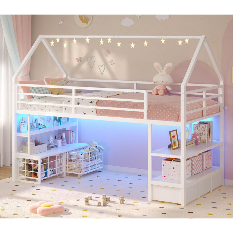 Low Loft Bed Twin Size With 5 Storage Drawers & Bookcase,Twin Loft Bed With Led Lights, Open Storage Shelves, Metal Loft Bed With 13.4In Guardrail,Under-Bed Play Space,House Shape