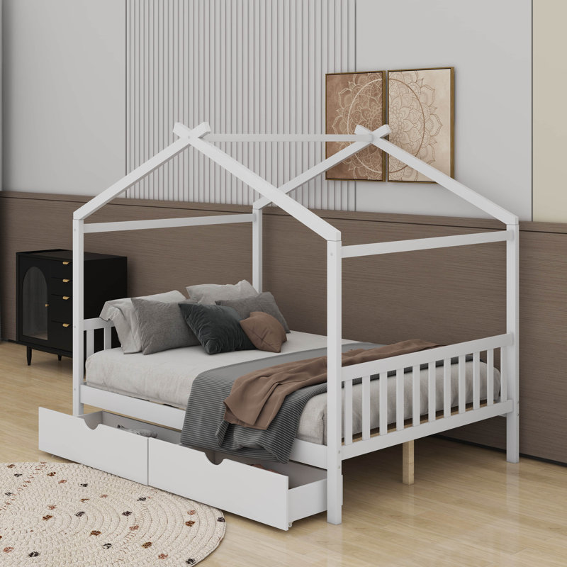 Lit plateforme double avec tiroirs, Blanc